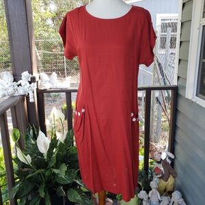 Yidarton Linen Blend Lagenlook Shift Dress Large Pockets Casual Scoop Neckline